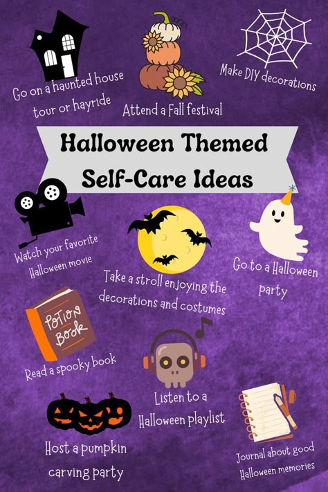 October Therapy Ideas, Things To Get You In The Halloween Mood, Spooky Self Care, Halloween Activity Ideas, Halloween Self Care, Halloween Themed Therapy Activities, Halloween Mindfulness Activities, Fall/halloween Bucket List, Bullet Journal Halloween