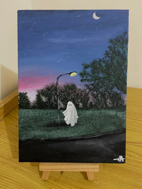 Ghost In Field Painting, Mini Canvas Ghost Painting, Ghost Under Street Light Painting, Two Ghost Painting, Simple Ghost Painting, Diy Ghost Painting, Street Painting Acrylic, Spooky Acrylic Painting, Ghost Painting Canvas