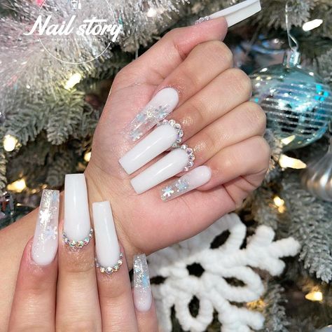 Winter Nails Acrylic Snowflakes, Nail Story, Chino Hills, Winter Nails Acrylic, Acrylic Coffin, Snow Flakes, Rhinestone Nails, Soft White, Winter Nails