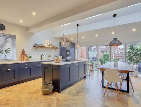 Herringbone Laminate Flooring, Herringbone Flooring, Open Plan Kitchen Dining Living, Open Plan Kitchen Diner, Floor Heating Systems, Finsbury Park, Open Plan Kitchen Dining, Open Plan Kitchen Living Room, Real Kitchen