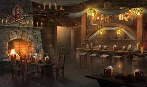 Distant Shores - Pub Medieval Bar, Medieval Pub, Fantasy Kingdom, Location Inspiration, Kitchen Concepts, D D Maps, Treasure Island, Pirate Ship, Fairy Houses