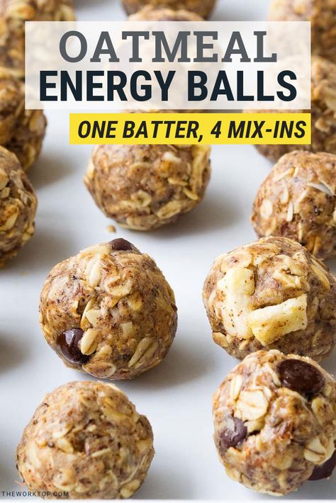 Healthy Oatmeal Energy Balls that I love! This easy no-bake recipe is high in protein. One batter with mix-ins: chocolate chips, banana, apple cinnamon and coconut. Enjoy this clean eating breakfast, and it's great for kids too. Recipe on www.theworktop.com. || #energyballs #healthyrecipe Oatmeal Energy Balls Recipe, Healthy Cookie Dough Recipe, Oatmeal Energy Balls, Energy Balls Healthy, Healthy Protein Snacks, Energy Ball Recipe, Eating Breakfast, Clean Eating Breakfast, Healthy Oatmeal