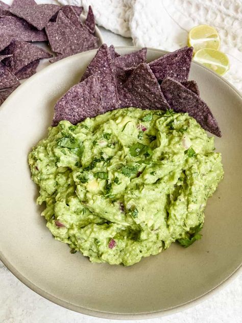 Vegan Guacamole - Lovely Delites Lovely Delites, Vegan Guacamole, Red Onions, Fresh Garlic, Red Onion, Lime Juice, Guacamole, Cilantro, Onions