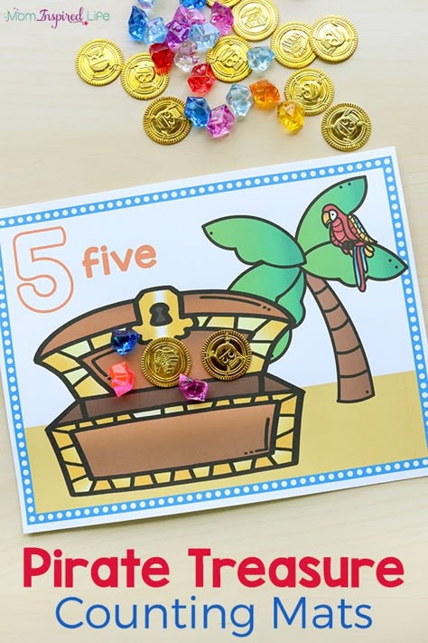 These pirate treasure counting mats make learning to count fun and exciting. They would be perfect for a preschool pirate theme or for kids who love pirates. Pirate Maths Activities, Pirate Crafts Preschool, Pirate Activities Preschool, Preschool Pirates, Pirate Maths, Pirate Preschool, Pirate Week, Pirate Unit, Pirates Theme