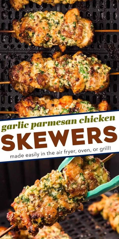 Air Fryer Garlic Parmesan Chicken, Garlic Parmesan Chicken Skewers, Parmesan Chicken Skewers, Parmesan Butter, Air Fryer Garlic, Garlic Parmesan Chicken, Parmesan Chicken, Air Fryer Dinner Recipes, Chicken Skewers