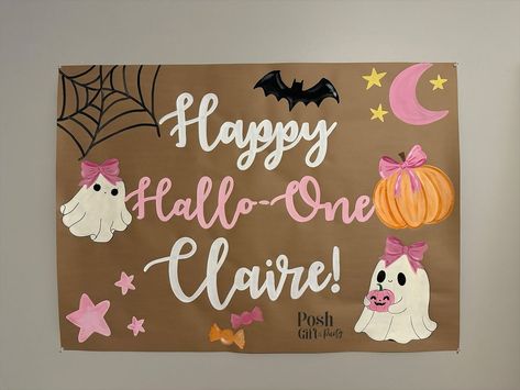 Sneak peek of Claire’s Hallo-One Birthday banner! 🎃👻 This custom design was so much fun to create and will add the perfect touch to her first birthday celebration. Wishing her a spooktacular first Birthday! #halloonebirthday #halloweenbirthday #cutehalloweendecor #firstbirthday Birthday Ghost, Painted Banner, Spooky Birthday, Halloween Party Banner, Cheer Signs, Paint Font, Cute And Spooky, First Birthday Banners, Pumpkin Sign