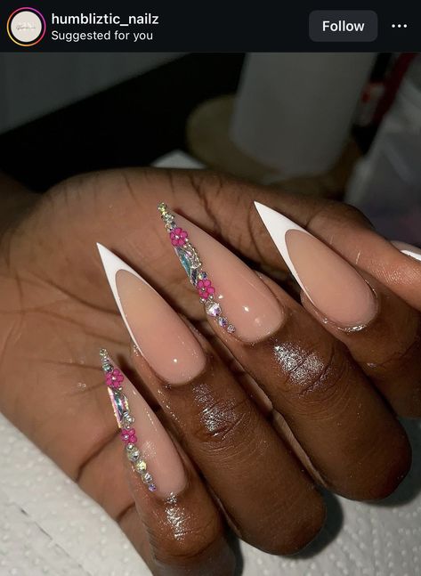 French Tips With Crystals, Long Acrylic Designs, Stiletto French Tip Nails, Winter Art Ideas, Fall Art Ideas, Nails Designs Ideas, Stuck Up, Colored Acrylic Nails, Stiletto Nails Designs