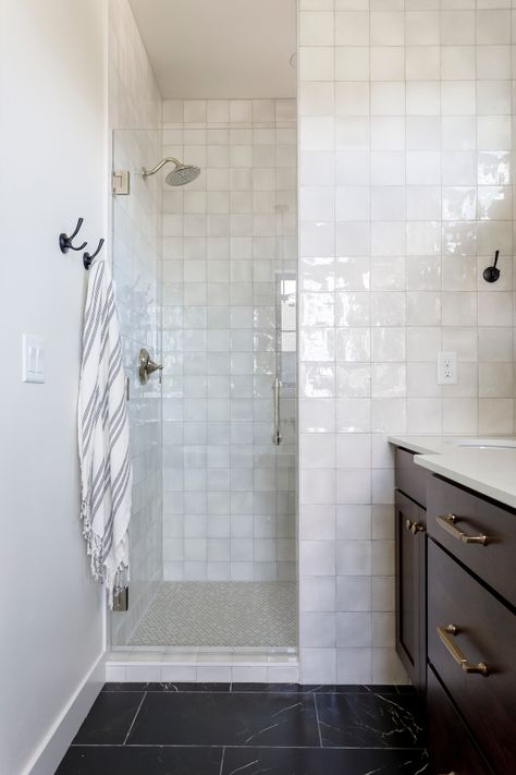 Zelig Tile Bathroom, Zellige Look Alike, Zellige Tile Shower Wall, Zellige Perla Polished Ceramic Tile, Zellige Shower Tile, Modern Farmhouse Bungalow, Square Tile Bathroom, Zellige Tile Bathroom, Interior Door Paint Colors