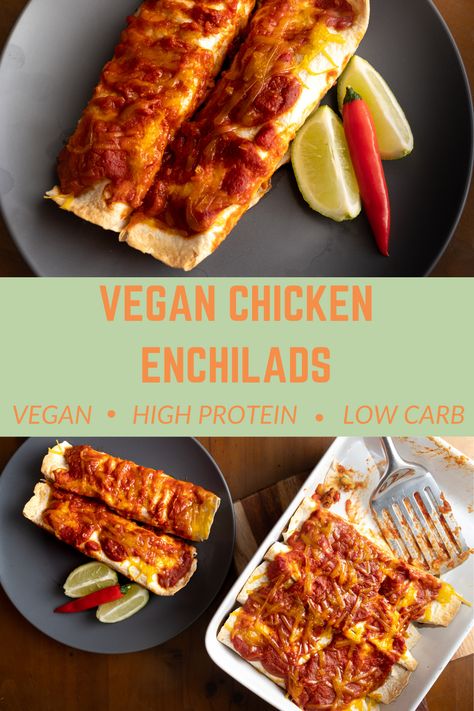 Vegan Chicken Enchiladas, Enchiladas Low Carb, Enchilada Ingredients, Vegan Enchiladas, Low Carb Wraps, Vegan Chicken, Homemade Enchiladas, Vegan Cheddar, High Protein Vegan