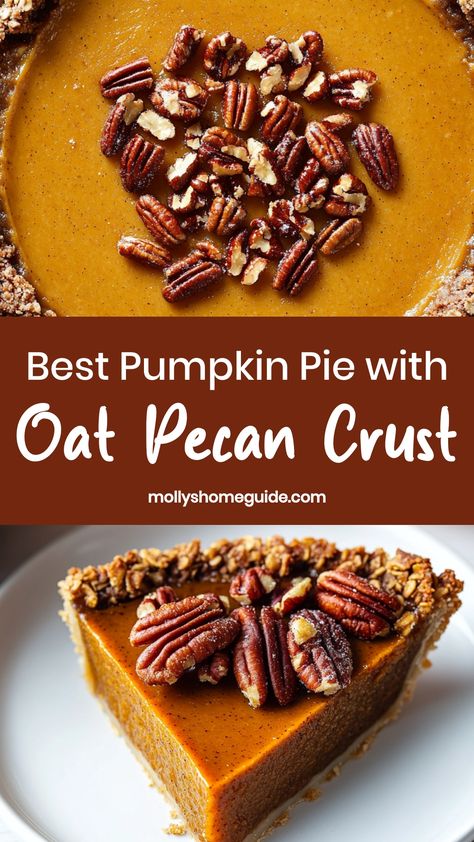 Indulge in the perfect fall treat with this delightful recipe for pumpkin pie with oat pecan crust. The creamy pumpkin filling pairs perfectly with the crunchy and nutty oat pecan crust, creating a harmonious combination of flavors and textures. Whether you're hosting a gathering or simply craving a seasonal dessert, this pumpkin pie is sure to impress your taste buds. Treat yourself to a slice of autumn goodness and savor the comforting essence of pumpkin spice in every bite. Pumpkin Pie With Nut Crust, Pecan Crust Pumpkin Pie, Pumpkin Pie Pecan Crust, Pumpkin Pie Homemade Crust, Pumpkin Pie With Cookie Crust, Spicy Pumpkin Pie Recipe, Nut Crust For Pie, Pumpkin Pie Crust Recipe, Turtle Pumpkin Pie