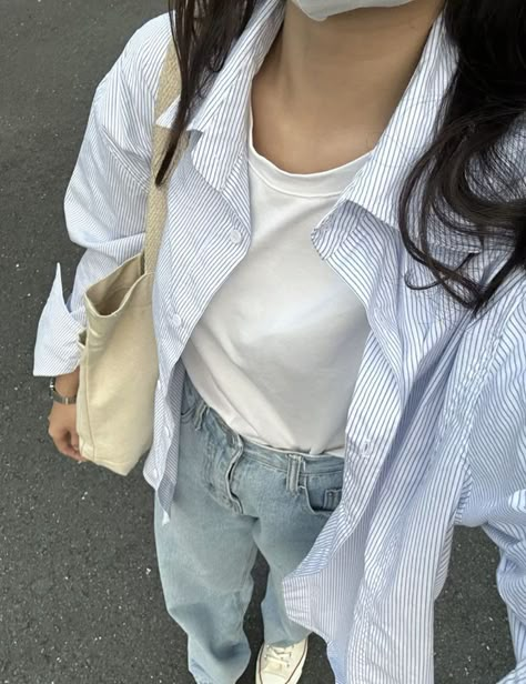 Full Sleeve Summer Outfits, Dress Shirt Casual Outfit, Boyfriend Shirt Outfit, Ootd Korean Style, Simple Casual Outfits, Outfit Korean, Casual College Outfits, Korean Casual Outfits, Everyday Fashion Outfits