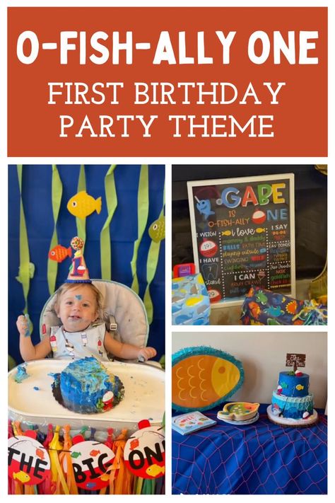 We threw an ofishally one first birthday for our son Gabe and it was SO fun to decorate for!  We knew we wanted a fish themed birthday party when trying to come up with creative first birthday theme ideas, and this was perfect.  See all of the ofishally one birthday decorations I used for his party here! Rainbow Fish Birthday Party, First Birthday Water Theme, Lake Birthday Party Kids, First Birthday Party Ideas For Boys, Ofishally One Birthday Decorations, Summer First Birthday Theme, Fishing 1st Birthday Party, First Birthday Theme Ideas, Lake Birthday Party