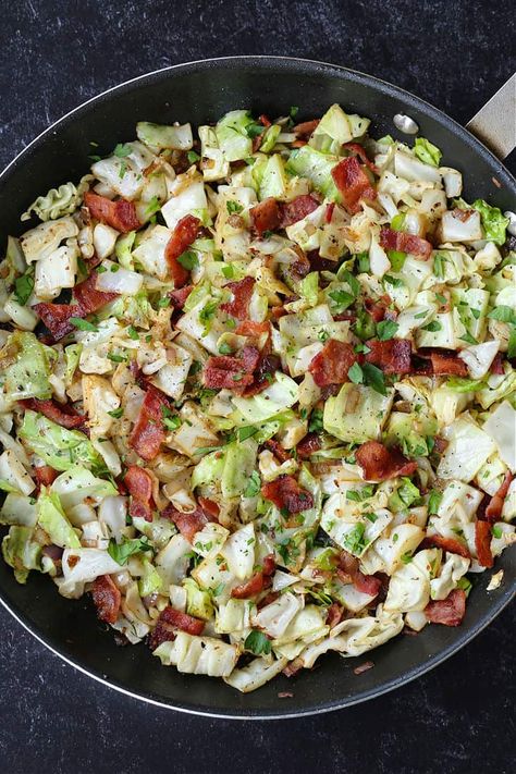 Fried Cabbage with Bacon is an easy side dish that\'s perfect for St. Patrick\'s Day or any meal! Sweet Cabbage, Fried Cabbage With Bacon, Cabbage With Bacon, Bacon Fried Cabbage, Clean Eating Vegetarian, Cabbage And Bacon, Fried Cabbage, Side Dish Recipes Easy, Easy Side Dish