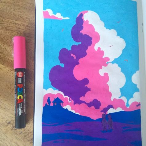 Landscape. I wanted to experiment with some landscapes but here I'm really starting to struggle with the limited range of colours I have in posca pens, and you can't really blend. . . . . . #landscape #clouds #sky #horizon #sunset #sunrise #children #bookillustration #posca #poscapens #sketchbook #illustrationoftheday #illustration #drawingoftheday #drawing #pink #purple #skyline #painting #art #artist Posca Pens, Posca Marker, Landscape Sky, Posca Art, Gouache Art, Arte Sketchbook, Marker Drawing, Landscape Drawings, Art And Illustration