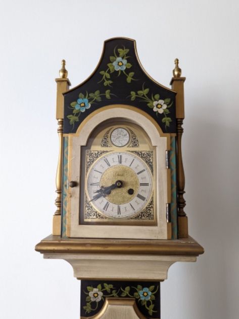 Grandmother Clocks, Painted Clocks, Grandmother Clock, Clock Painting, Antique Wall Clock, Auction Items, Reupholster, Vintage Painting, Mantel Clock