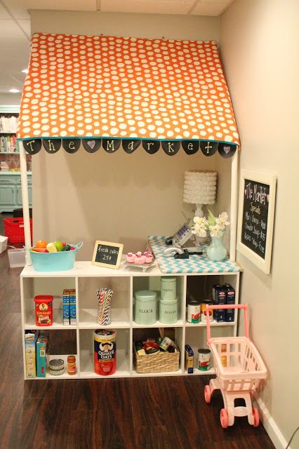 Welcome to the Mouse House: The Market: Grocery Store for Kids Kids Grocery Store, Kitchen Sets For Kids, Cube Shelves, Playroom Design, Toy Room, Play Spaces, Toy Rooms, Playroom Ideas, Kids Kitchen