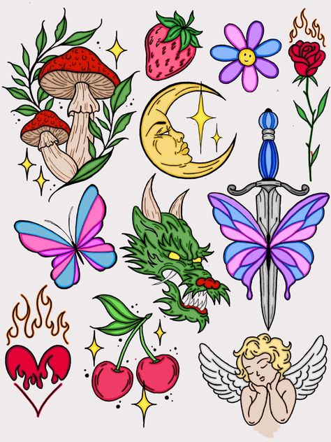 Tattoo sheet Sketchbook Tattoo Ideas, Purple Aesthetic Drawings, Mushroom With Butterfly Tattoo, Mushrooms And Butterflies Tattoo, Fairy Flash Art, Fairy Tattoo Flash Sheet, Trippy Fairy Tattoo, Optical Illusion Tattoo, Nostalgia Art