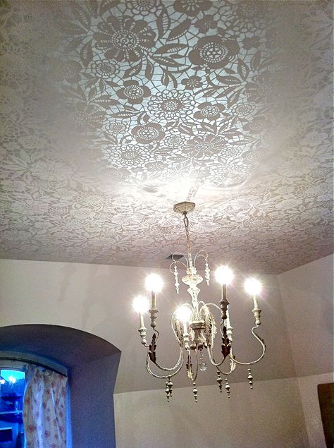 Stenciled Ceiling by Bella Tucker Decorative Finishes Lace Diy Projects, Lace Stencil, Floral Stencil, Lace Diy, Ceiling Treatments, Parade Of Homes, Painted Ceiling, Stenciling, The Ceiling