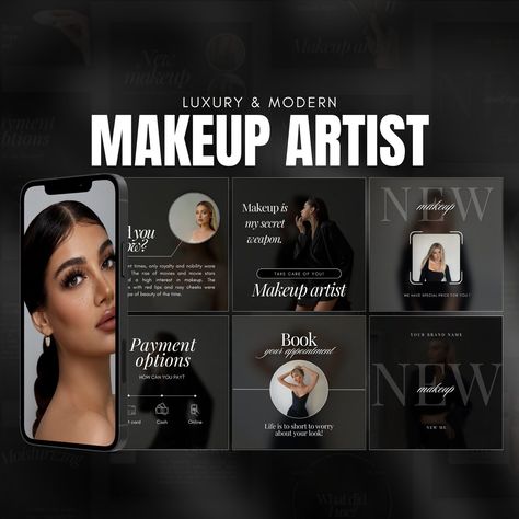 Luxury makeup artist templates for social media, perfect for beauty salons. Stand out with these sleek black designs. #MakeupArtist #BeautySalon #InstagramTemplates #SocialMediaDesign #CanvaTemplates Makeup Stories Instagram, This Or That Makeup Edition, Makeup Artist Price List, Makeup Instagram Post, Makeup Artist Instagram, Templates Black, Instagram Makeup Artist, Makeup Artist Branding, Makeup Business