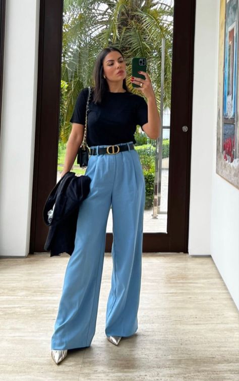 Light Blue Wide Leg Trousers Outfit, Light Blue Palazzo Pants Outfit, Powder Blue Trousers Outfit, Pale Blue Pants Outfit, How To Style Light Blue Pants, Light Blue Work Pants Outfit, Light Blue Pants Work Outfit Women, Dusty Blue Pants Outfit, Blue Silk Pants Outfit