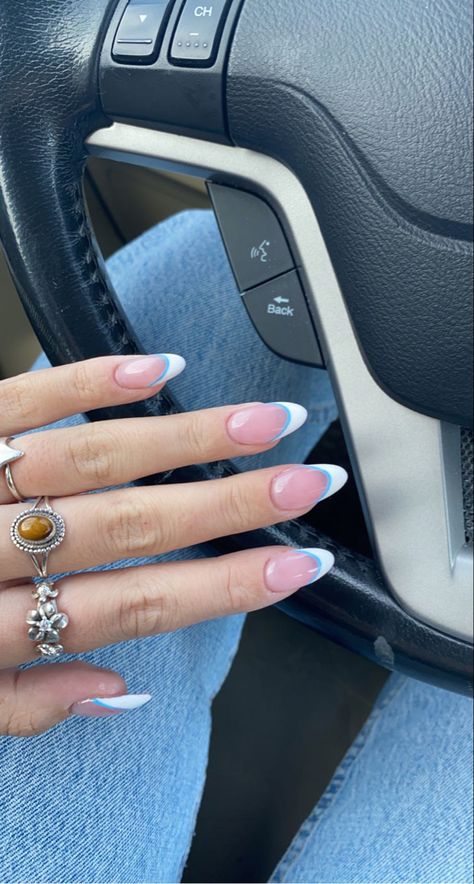 French Tip Nails With Two Colors, Perrywinkle Nails Almond, Nail Designs Soft Colors, Cute Nails For Europe, Underlined French Tip Nails, Mail Inspo Acrylics, Italy Inspo Nails, Italy Acrylic Nails, White French Tip With Color Line