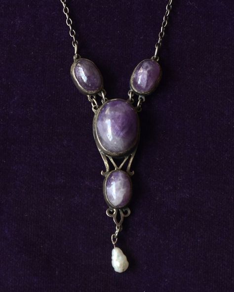 1890s Arts & Crafts Amethyst and Freshwater Pearl Necklace, Silver, $425 Dayne Aesthetic, House Dayne, Pearl Necklace Silver, Targaryen Aesthetic, House Targaryen, Birthstone Colors, Game Of Thrones Houses, Freshwater Pearl Necklace, Pottery Designs