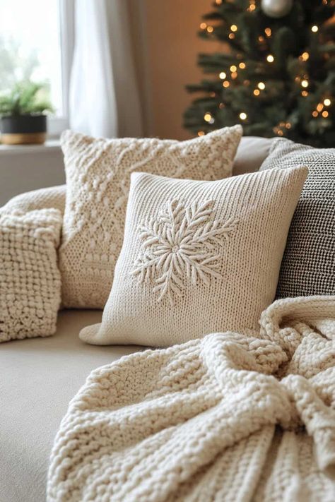 18 Christmas Living Room Decor Ideas for a Sparkling Season Neutral Christmas Pillows On Couch, Winter Pillows Living Rooms, Christmas Pillows On Couch, Winter Living Room Decor Cozy, Red And Green Palette, After Christmas Winter Decor, Snowflake Pillows, Winter Living Room Decor, Christmas Accent Pillows