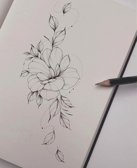 Magnolia Tattoo Stencil, Hip Tattoos Women Design, Fine Line Magnolia Tattoo, Fine Flower Tattoo, Fine Line Flower Tattoo Sleeve, Vertical Tattoos For Women, Tattoos Back Of Arm, Lily Flower Tattoo Designs, Magnolia Tattoo Design