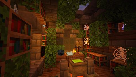 Minecraft PE - A small witch caban decoration (Night) Minecraft Magic Interior, Minecraft Witch Room Ideas, Minecraft Halloween Interior, Minecraft Witch Hut Interior, Minecraft Witch Interior Design, Witch House Minecraft Ideas, Minecraft Alchemy House, Minecraft Witch Ideas, Witch Room Minecraft