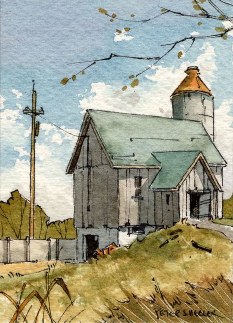 Tall and sturdy | miniature 2.5 x 3.5 inch watercolor | Peter Sheeler | Flickr Peter Sheeler, Barn Drawing, Ink Sketchbook, Watercolor Barns, Watercolor Sketching, Watercolor House Painting, Watercolor Scenery, Canvas Painting For Beginners, Farm Paintings