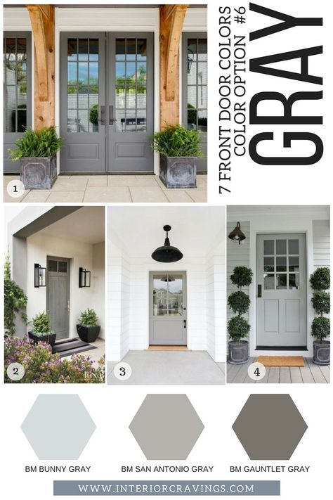 7 FRONT DOOR COLORS - gray front doors inspiration and gray paint codes and paint swatches Gray Front Doors, Gray Front Door Colors, Grey Front Door, Best Front Door Colors, Front Door Color, Grey Front Doors, Exterior Door Colors, Tan House, Cottage Front Doors