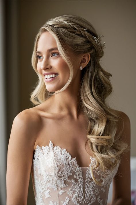 Embrace timeless elegance with this stunning half up half down hair hairstyle, ideal for the modern bride. This beautiful look combines soft waves with delicate twists, allowing your natural beauty to shine while keeping hair out of your face. Perfect for showcasing your veil or bridal accessories, this style exudes romance and grace. Capture magical moments on your special day with this enchanting hairdo! Wedding Headpiece Half Up Half Down, Bridal Hair Half Down With Veil, Bride Hairstyles With Accessories, Bridal Hairstyles From Front View, Bridal Hair Down Out Of Face, Wedding Half Up With Veil, Bridal Hair Vine With Veil, Bridal Party Hairstyles Bridesmaid Half Up, Bridal Waves Half Up Half Down