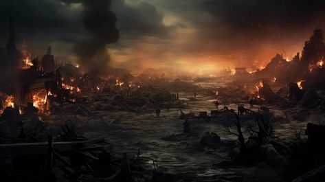 The image shows a ruined city. The buildings are all destroyed and there are fires burning everywhere ->> more details in ai-img-gen.com Destroyed City Fantasy Art, Destroyed Fantasy City, Destroyed City Aesthetic, Fantasy City Ruins, Environmental Reference, Destroyed City, Book Vibe, Burning Building, Burning City