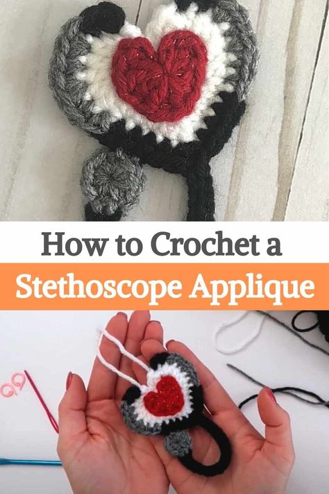 This time you will learn how to crochet a stethoscope with a heart ornament for gifts and many different projects! You can use it as an applique and sew it on a bag or blanket, use it as a gift ornament, or even a Christmas tree decoration! Do something very special for a doctor or nurse you know. For this project you will need different colored yarn, the author chose medium-weight red, white, black, and gray yarn in size 4, as well as a size L crochet hook, two stitch markers, a pair of... Nursing Crochet Pattern, Crochet For Doctors, Crochet Keychain For Nurse, Crochet Stethoscope Pattern Free, Nurse Crochet Pattern, Crochet For Nurses Gift Ideas, Crochet For Nurses, Medical Crochet Pattern Free, Doctor Christmas Gift Ideas