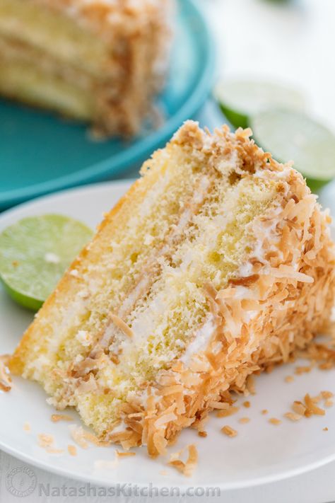 Key lime cake is the ultimate summer party cake. This key lime cake is pummeled with toasted coconut and boasts the juice of 5 limes. So refreshing! | natashaskitchen.com Key Lime Cake Recipe, Summer Party Cake, Lime Cake Recipe, Doctored Cake Mix Recipes, Key Lime Filling, Key Lime Cake, Coconut Icing, Tropical Desserts, Coconut Cake Recipe