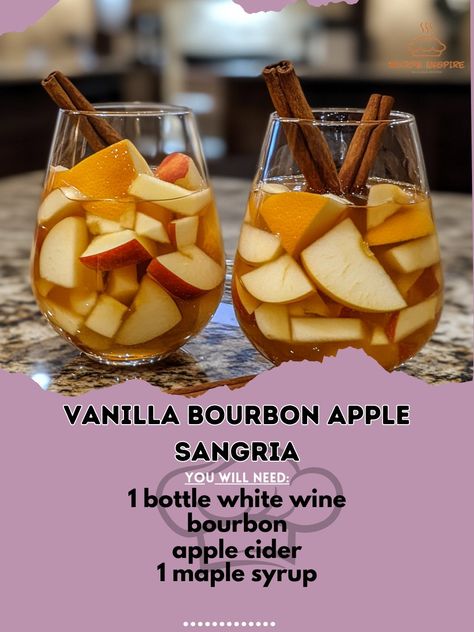 🍎✨ Elevate your next gathering with this delicious Vanilla Bourbon Apple Sangria! 🥂🍏 Vanilla Bourbon Apple Sangria Ingredients: - 1 bottle white wine (750ml) - 1 cup bourbon - 2 cups apple cider - 1/4 cup maple syrup - 2 apples, sliced - 1 orange, sliced - 2 cinnamon sticks - 1 vanilla bean, split - Sparkling water - Ice Instructions: 1. In a large pitcher, combine white wine, bourbon, apple cider, and maple syrup. Stir well. 2. Add sliced apples, orange, cinnamon sticks, and vanilla bean ... Apple Bourbon Sangria, Orange Sangria, Wine Punch, Bourbon Apple Cider, Sangria Ingredients, Apple Sangria, Vanilla Bourbon, Sliced Apples, Autumn Wine