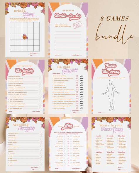 "This Groovy Bridal Shower Game Bundle  is perfect for your Retro 70sBrunch&Bubbly party!  All the text is editable! Artwork and symbols are not editable. MATCHING ITEMS: https://etsy.me/3FdArFu Please kindly note: this is a digital editable template, no physical product will be sent to you, but once downloaded you can print them as many as you wish!  LISTING INCLUDES - He Said She Said template 7x5\"  in 300 dpi - Bridal Bingo template 7x5\"  in 300 dpi - Photo Game template 7x5\"  in 300 dpi - Groovy Bridal Shower Theme, Bachelorette Party To Do List, Groovy Bride Bachelorette, 70s Bridal Shower Ideas, Retro Bachelorette Party Games, 70’s Theme Bachelorette Party, Bachelorette Party Groovy, Bachelorette Party Retro, Bride Template