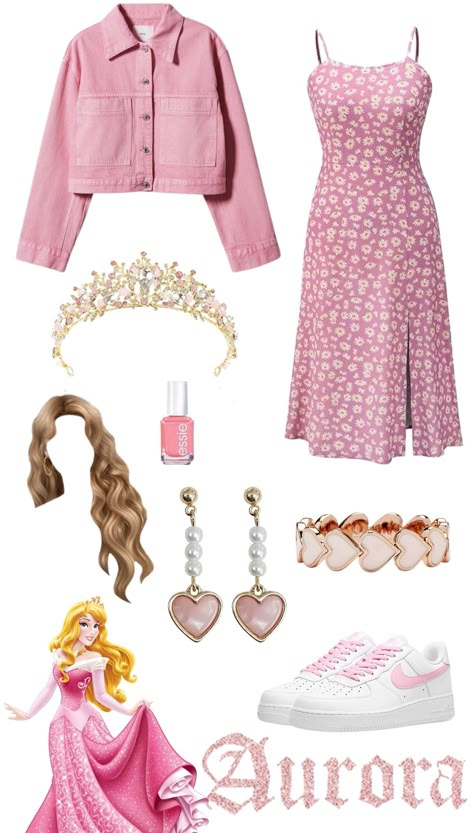 Modern Disney Characters Outfits, Sleeping Beauty Outfit Ideas, Aurora Outfit Ideas, Sleeping Beauty Disneybound, Modern Disney Princess Outfits, Modern Disney Outfits, Aphrodite Core, Disneyland Dress, Disney Park Outfits