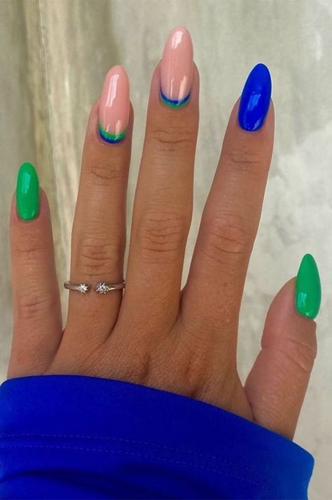 Colourful Nail Art, Blue Green Nails, Colourful Nail, Blue Wedding Nails, Cobalt Blue Nails, Lime Green Nails, Different Color Nails, Fall Blue, Purple Nail Art