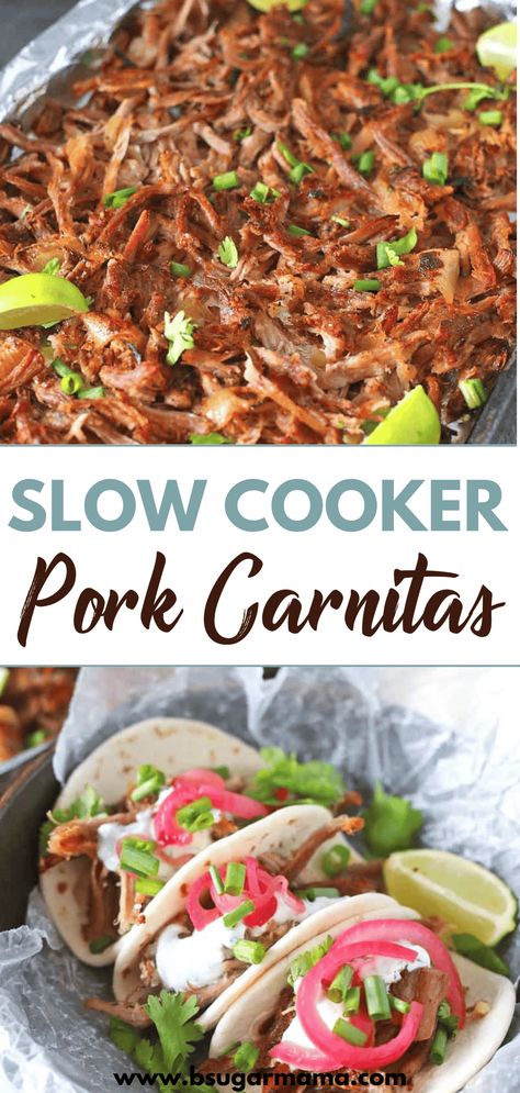 Looking for a delicious and hassle-free dinner idea? Try our mouthwatering slow cooker pork carnitas recipe! With tender, juicy pork and a blend of savory spices, it's the perfect meal for busy weeknights. Just set it and forget it! #SlowCookerRecipes #PorkCarnitas #EasyDinnerIdeas #WeeknightMeals Carnitas Slow Cooker, Carnitas Crockpot, Pork Mexican, Slow Cooker Pork Carnitas, Pork Carnitas Recipe, Pork Carnitas Slow Cooker, Crock Pot Tacos, Carnitas Recipe, Mexican Recipe