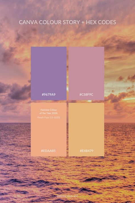 Colour Palette Hex Codes, Aesthetic Colour Palette, Aesthetic Colour, Peach Color Palettes, Coral Colour Palette, Color Of The Year 2024, Sunset Color Palette, Purple Palette, Color Design Inspiration