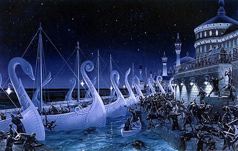 The battle in which the Noldor attacked the Teleri. When the Noldor decided to leave Valinor and asked for their ships, the Teleri refused to join, and even tried to talk them out of leaving. As a result, many of them were cruelly slain in the Kinslaying at their chief city of Alqualondë, or Swan Harbour. This was the first of three Kinslayings that were committed by Fëanor's people against their fellow Elves. Ted Nasmith, Tolkien Artwork, John Howe, Tolkien Elves, Middle Earth Art, Tolkien Art, Lotr Art, Fantasy Authors, Jrr Tolkien