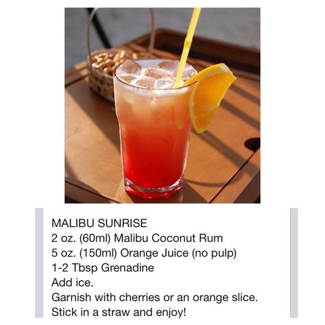 Malibu Sunrise Cocktail, Malibu Sunrise Recipe, Bacon Pork Chops, Sunrise Drink, Malibu Sunrise, Paradise Cocktail, Malibu Cocktails, Bartending Tips, New Year's Drinks