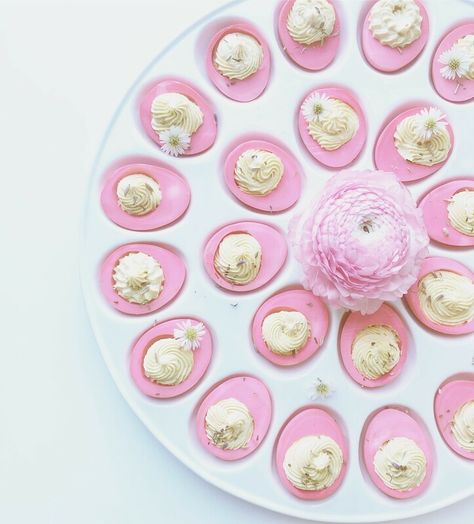 Cute Appetizer, Pink Deviled Eggs, Pink Dinner Food, Pink Party Foods, Easter Deviled Eggs, Witch Hut, Pink Dinner, Deviled Egg Platter, White Truffle Oil