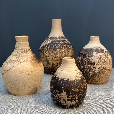 A family of obvara vessels from a solo raku firing a few weeks ago. I’m hooked by this process, and love the landscape of markings that appear on the pots. They looked right at home nestled in the woodland floor during our exhibition last weekend and I’m really enjoying the contrast to my other work here at home in the pottery. Obvara Pottery, Raku Firing, Quick Saves