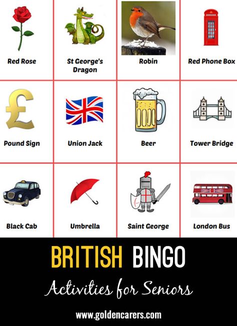 British Bingo: Everything that is quintessentially British! Nursing Home Activities, Quintessentially British, Beer Tower, Black Cab, Elderly Activities, Activity Director, London Bus, Senior Care, Free Activities