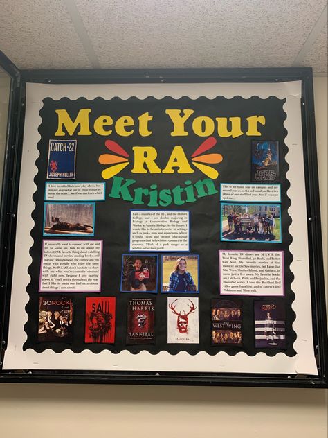 Get To Know Me Bulletin Board, Get To Know Me Ra Board, About Me Ra Board, Meet Your Ra Bulletin Board Ideas, Meet The Ra Bulletin Board, Bulletin Board Ideas For Ra, Door Decorations Aesthetic, Meet Your Ra Board, Resident Assistant Bulletin Boards Welcome