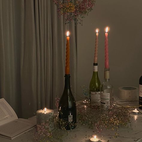 Wine Bottle Taper Candle Holders, Light Flowers Aesthetic, Wine Bottles Aesthetic, Flowers In Wine Bottles, Candles In Wine Bottles, Wine Bottle Candle Holders, Wine Bottle Candle Holder, Wine Candle, Wine Bottle Candle