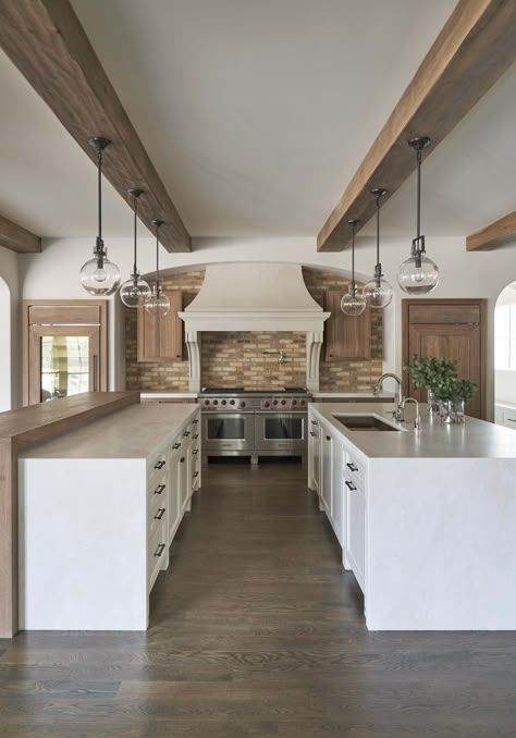 Three Island Kitchen, Modern Farmhouse Kitchens Double Island, Chefs Dream Home Kitchen, 10ft Long Kitchen Island, Double Islands In Kitchen Layout, Double Counter Kitchen Island, Kitchen Double Island Ideas, Kitchen With Double Islands, Dual Island Kitchen Layout