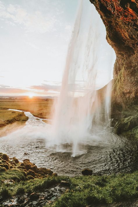 Back view of Seljalandsfoss waterfall in Iceland | premium image by rawpixel.com / Jack Anstey #picture #photography #inspiration #photo #art Island Reykjavik, Iceland Resorts, Waterfall Background, Waterfall Iceland, Seljalandsfoss Waterfall, Iceland Landscape, South Iceland, Iceland Waterfalls, Visit Iceland